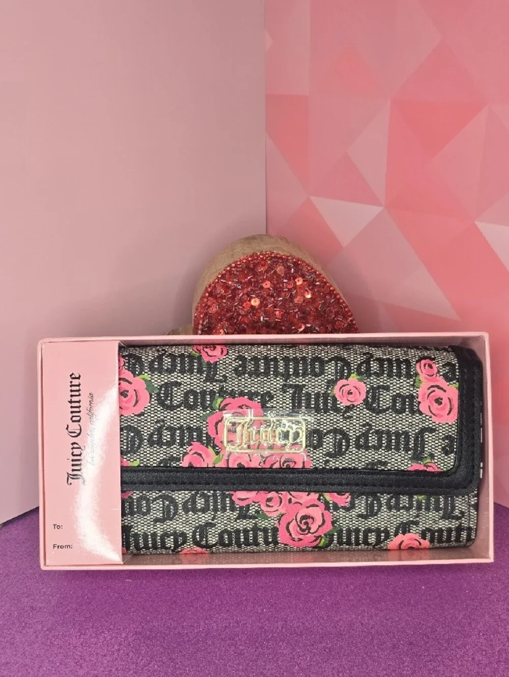 💖NWT💖Juicy Couture Black & Pink Rose Signature Logo Trifold Wallet